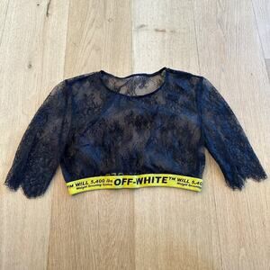 Off White Floral Lace Crop Top in Black & Yellow